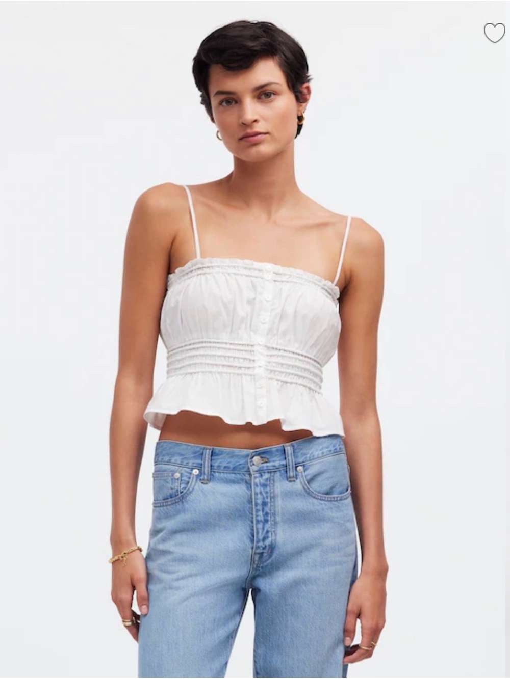 Madewell White Smocked Button-Front Cropped Top in Poplin
